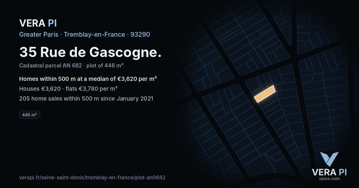 35 Rue de Gascogne, Tremblay-en-France at night – the plot lit, the parcels around coloured by the prices near them