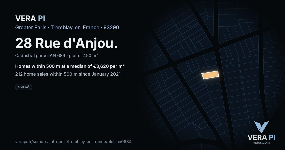 28 Rue d'Anjou, Tremblay-en-France at night – the plot lit, the parcels around coloured by the prices near them