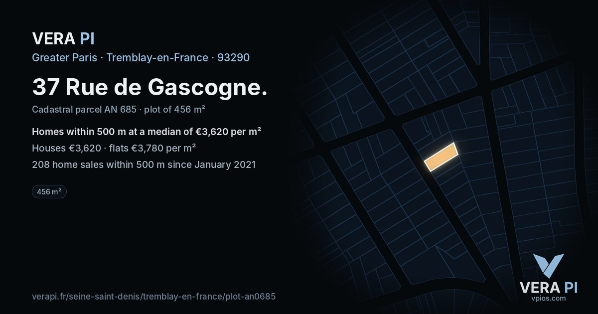 37 Rue de Gascogne, Tremblay-en-France at night – the plot lit, the parcels around coloured by the prices near them