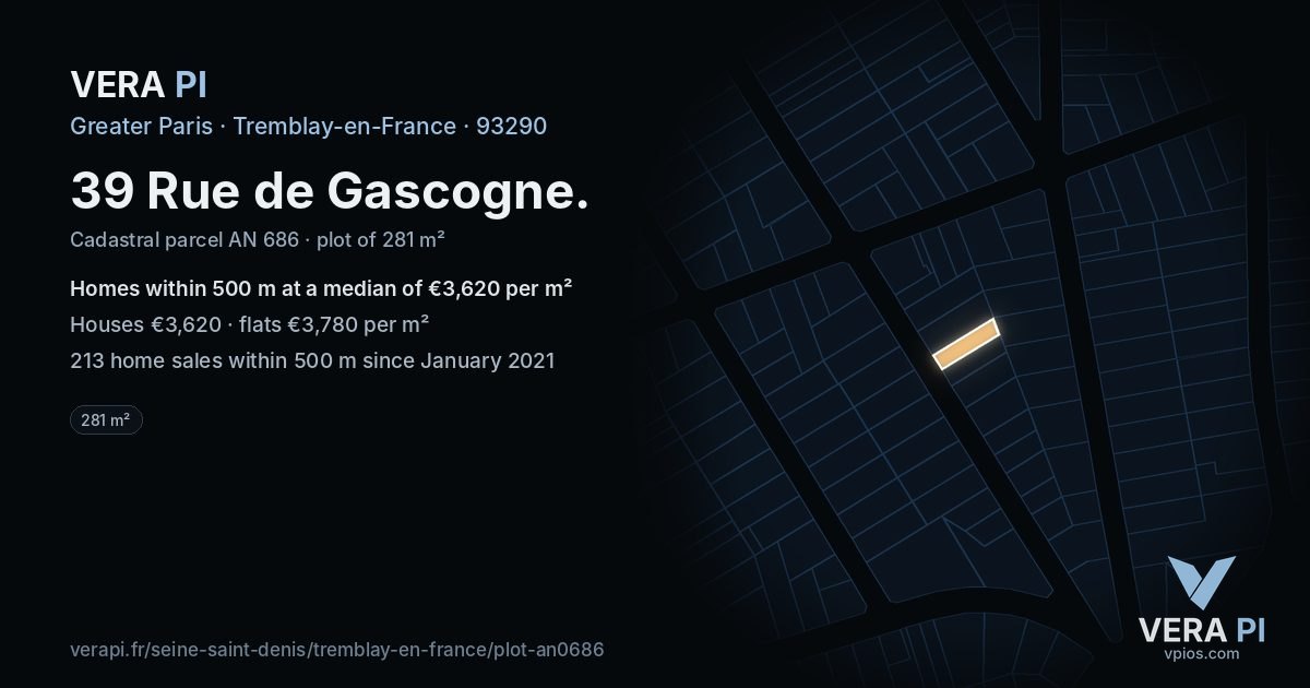 39 Rue de Gascogne, Tremblay-en-France at night – the plot lit, the parcels around coloured by the prices near them