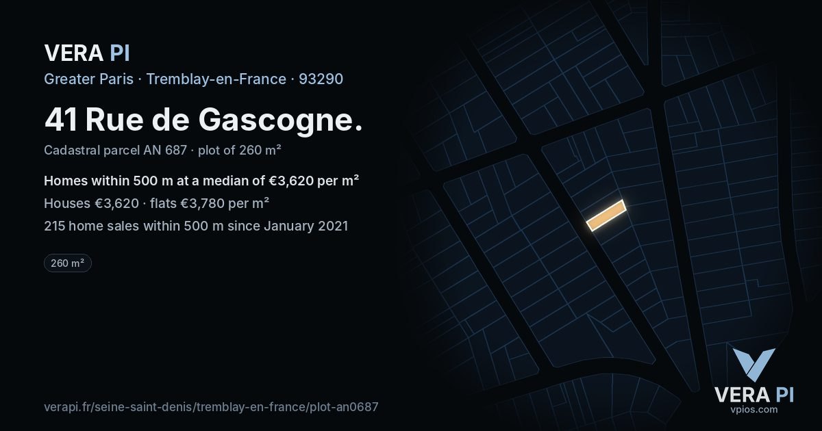 41 Rue de Gascogne, Tremblay-en-France at night – the plot lit, the parcels around coloured by the prices near them