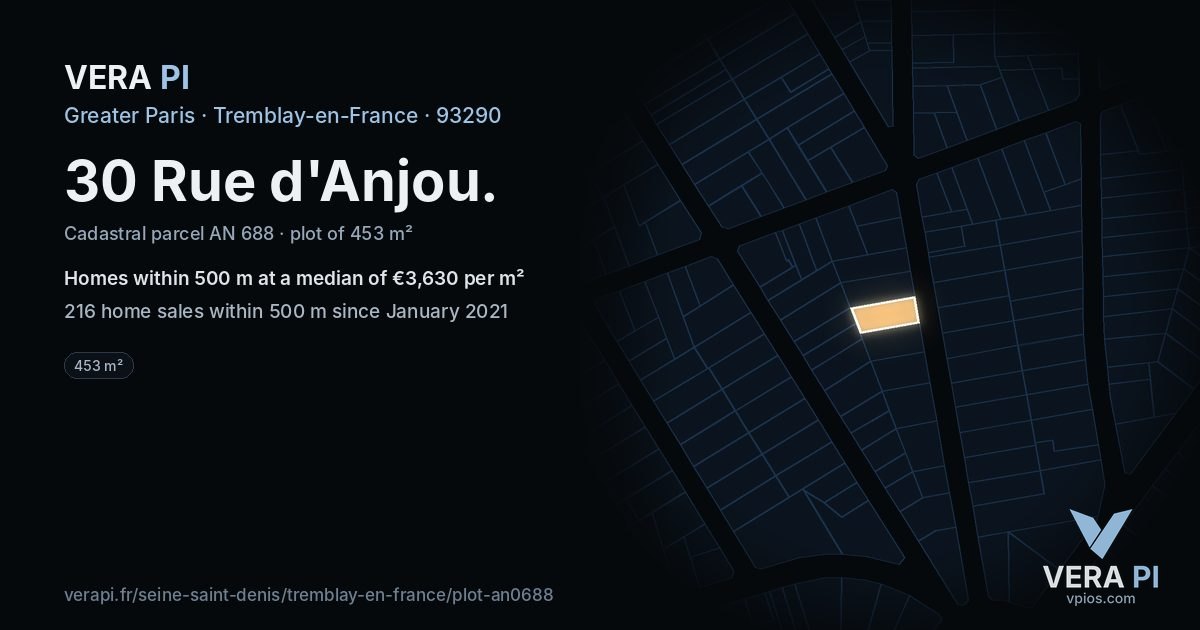 30 Rue d'Anjou, Tremblay-en-France at night – the plot lit, the parcels around coloured by the prices near them