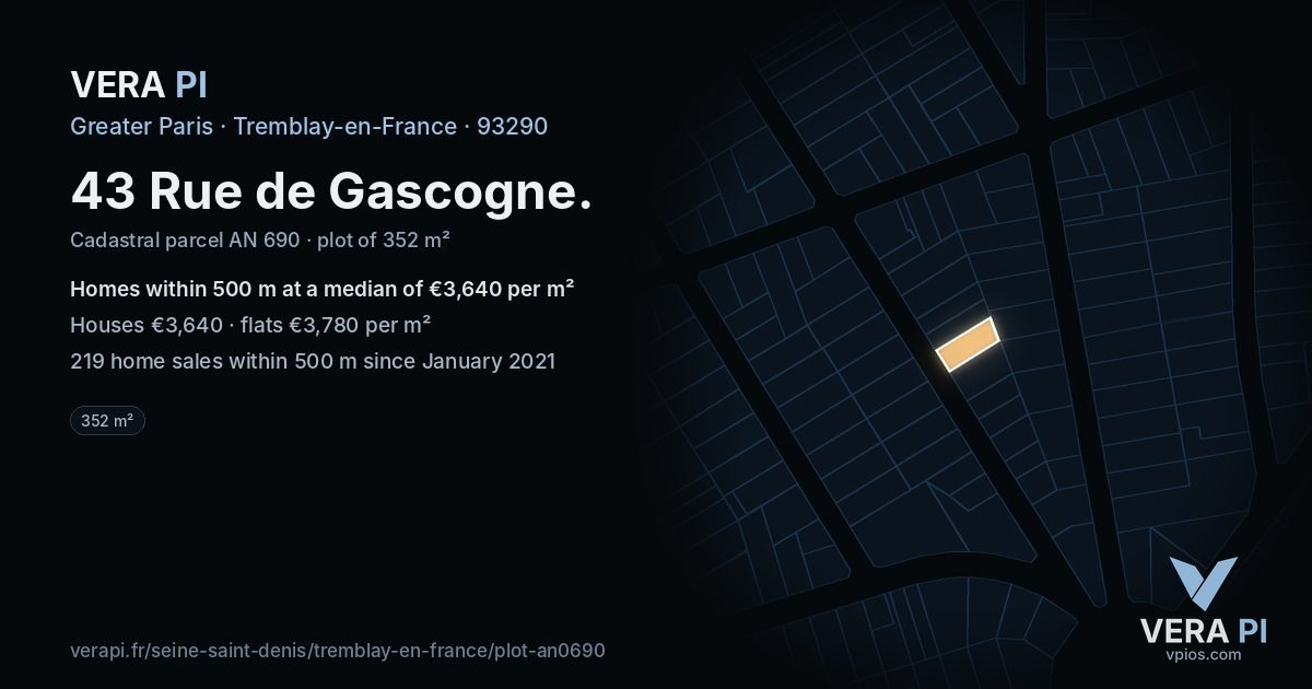 43 Rue de Gascogne, Tremblay-en-France at night – the plot lit, the parcels around coloured by the prices near them