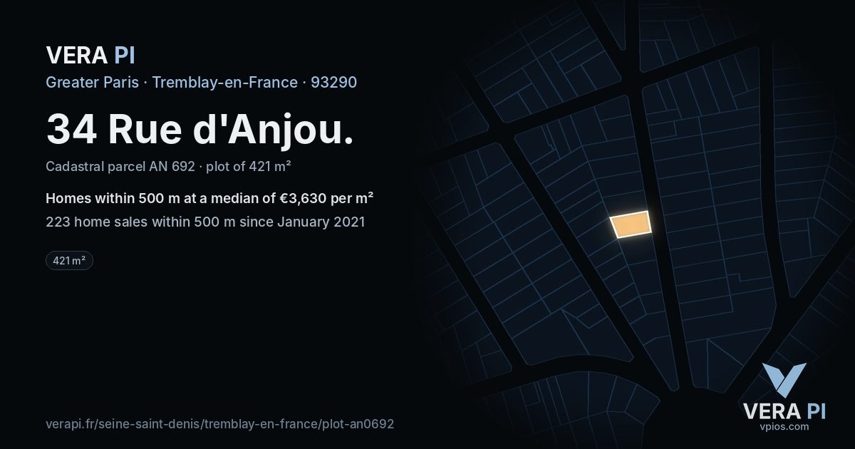 34 Rue d'Anjou, Tremblay-en-France at night – the plot lit, the parcels around coloured by the prices near them