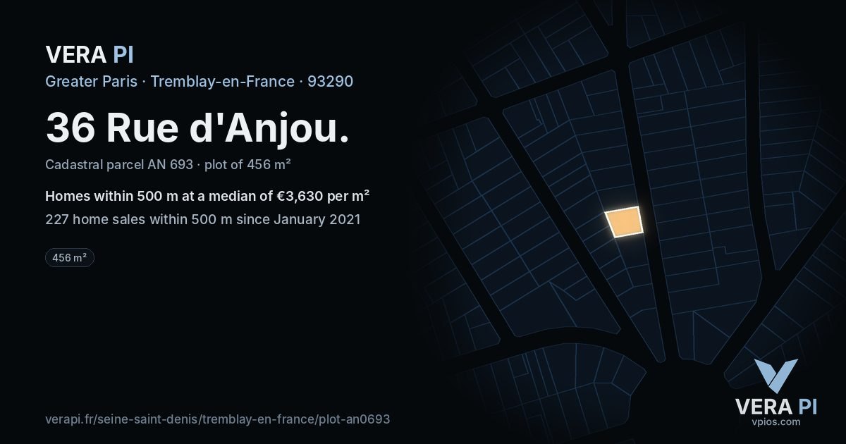 36 Rue d'Anjou, Tremblay-en-France at night – the plot lit, the parcels around coloured by the prices near them