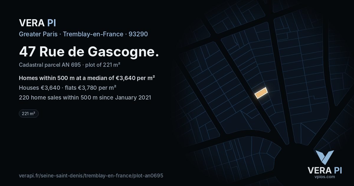 47 Rue de Gascogne, Tremblay-en-France at night – the plot lit, the parcels around coloured by the prices near them