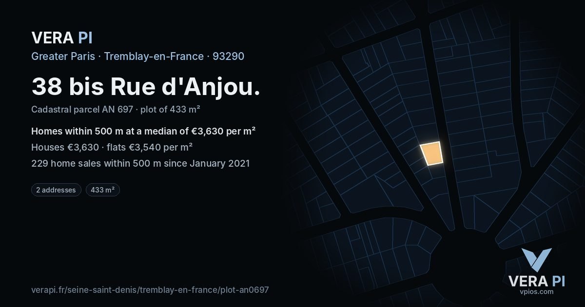 38 bis Rue d'Anjou, Tremblay-en-France at night – the plot lit, the parcels around coloured by the prices near them