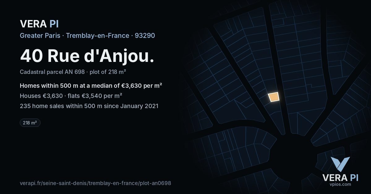 40 Rue d'Anjou, Tremblay-en-France at night – the plot lit, the parcels around coloured by the prices near them
