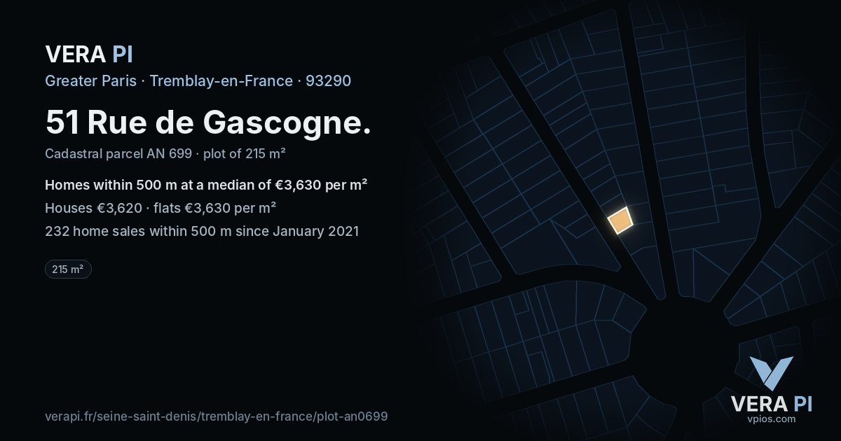 51 Rue de Gascogne, Tremblay-en-France at night – the plot lit, the parcels around coloured by the prices near them