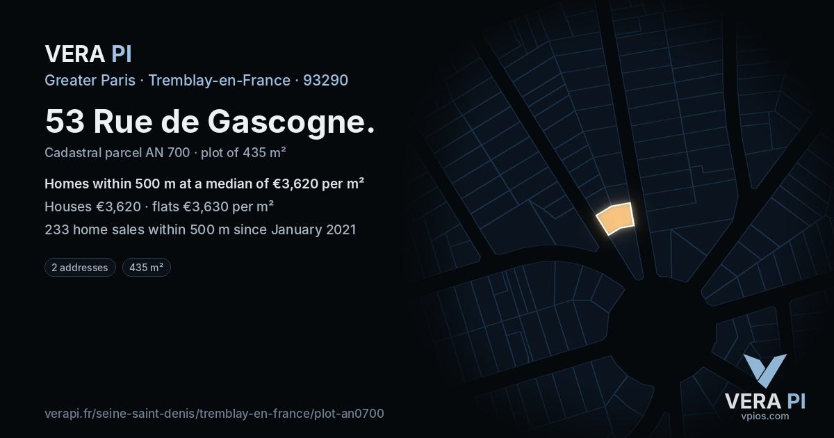 53 Rue de Gascogne, Tremblay-en-France at night – the plot lit, the parcels around coloured by the prices near them