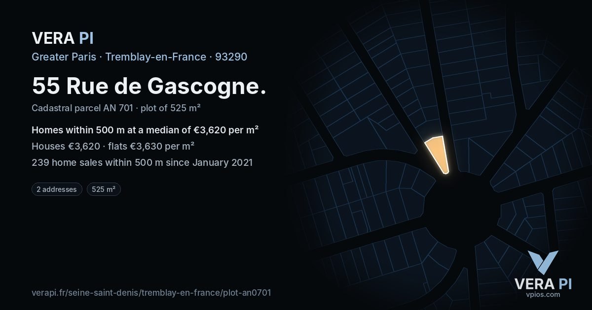 55 Rue de Gascogne, Tremblay-en-France at night – the plot lit, the parcels around coloured by the prices near them