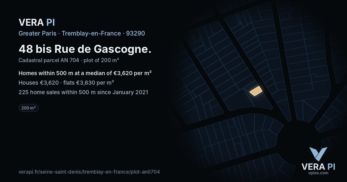 48 bis Rue de Gascogne, Tremblay-en-France at night – the plot lit, the parcels around coloured by the prices near them