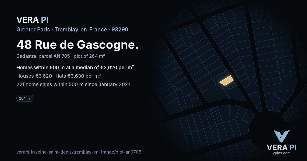 48 Rue de Gascogne, Tremblay-en-France at night – the plot lit, the parcels around coloured by the prices near them