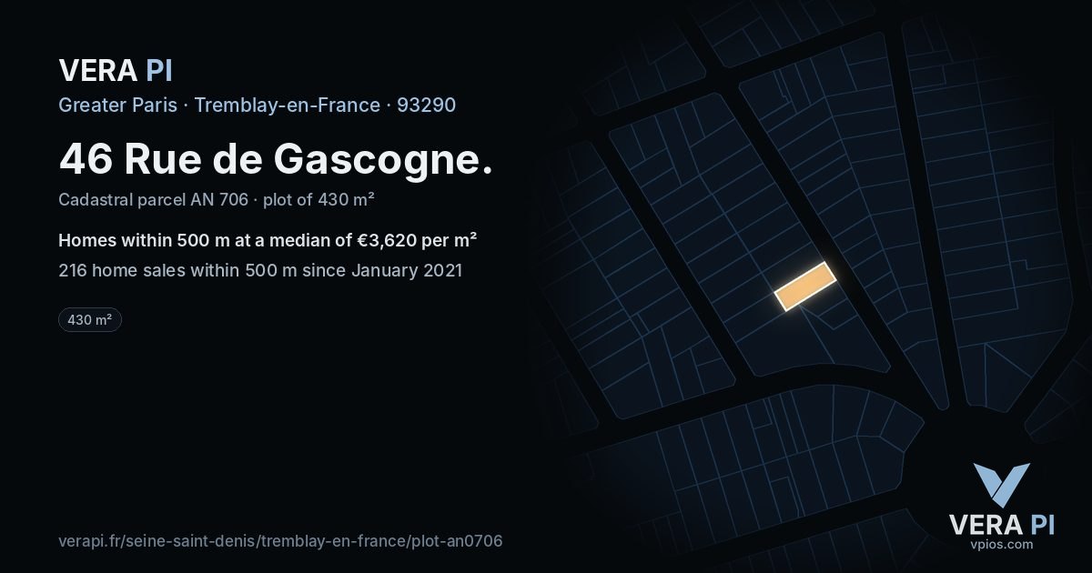 46 Rue de Gascogne, Tremblay-en-France at night – the plot lit, the parcels around coloured by the prices near them