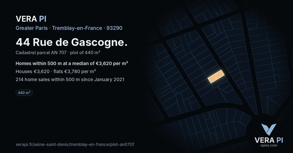 44 Rue de Gascogne, Tremblay-en-France at night – the plot lit, the parcels around coloured by the prices near them