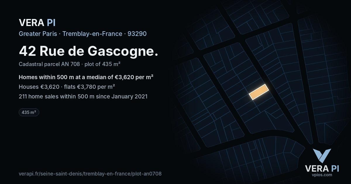 42 Rue de Gascogne, Tremblay-en-France at night – the plot lit, the parcels around coloured by the prices near them