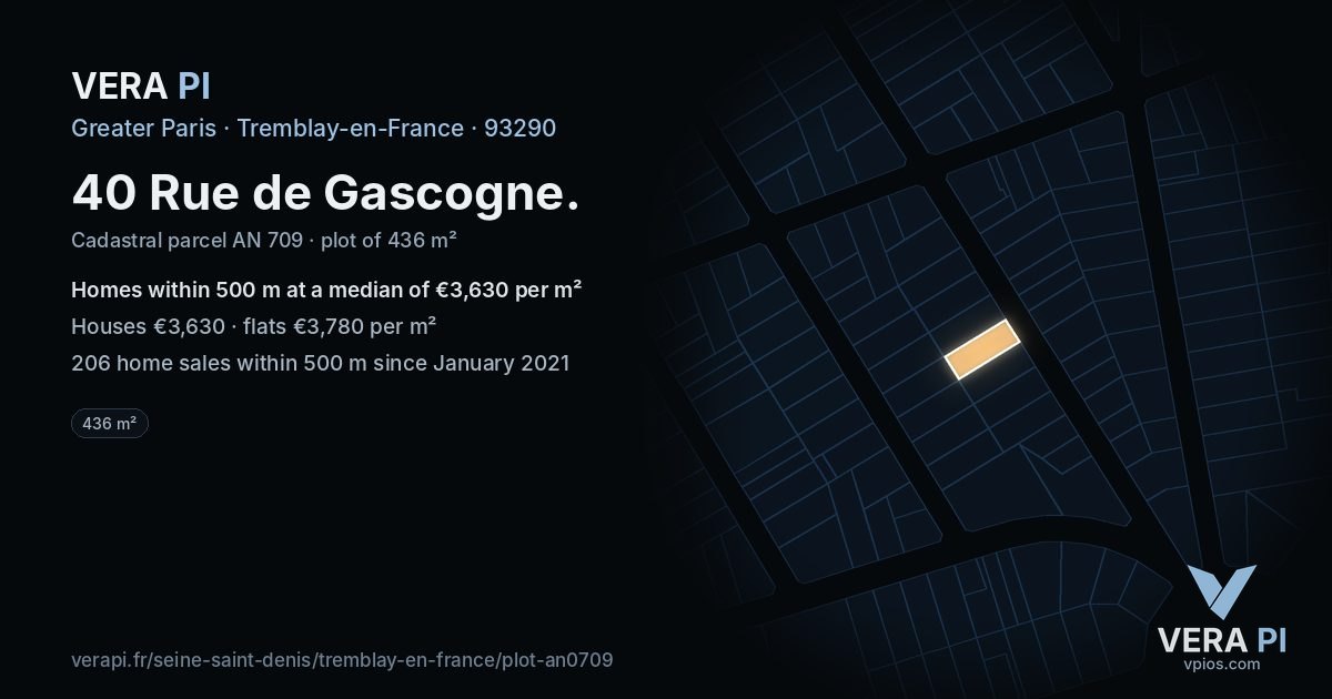 40 Rue de Gascogne, Tremblay-en-France at night – the plot lit, the parcels around coloured by the prices near them