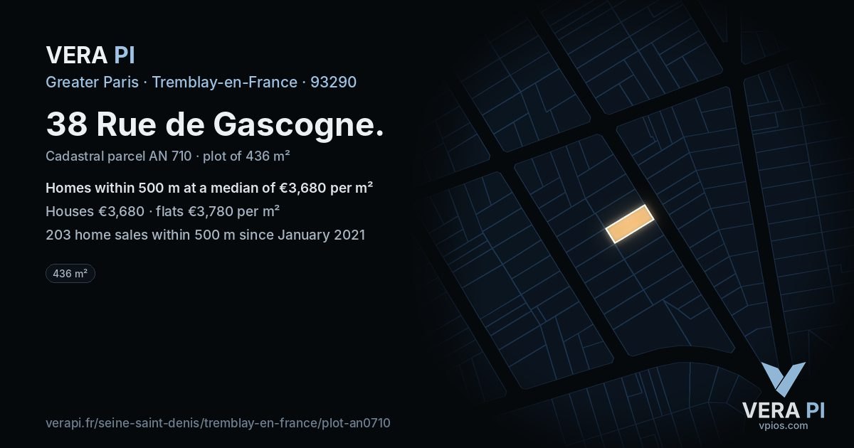 38 Rue de Gascogne, Tremblay-en-France at night – the plot lit, the parcels around coloured by the prices near them
