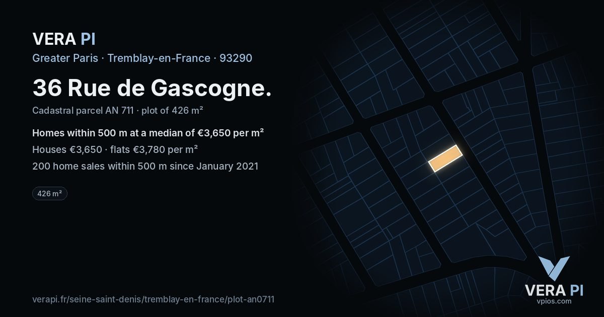 36 Rue de Gascogne, Tremblay-en-France at night – the plot lit, the parcels around coloured by the prices near them