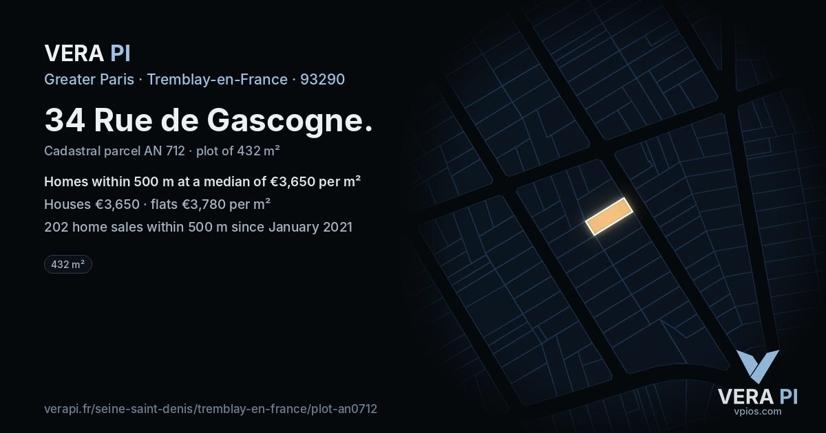 34 Rue de Gascogne, Tremblay-en-France at night – the plot lit, the parcels around coloured by the prices near them