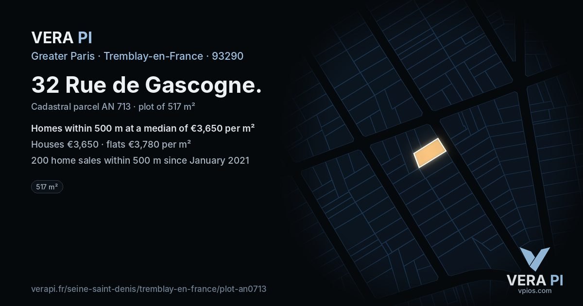 32 Rue de Gascogne, Tremblay-en-France at night – the plot lit, the parcels around coloured by the prices near them