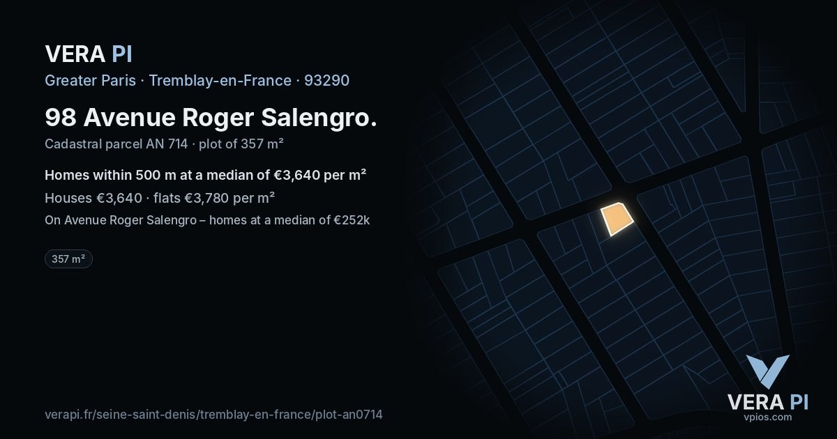 98 Avenue Roger Salengro, Tremblay-en-France at night – the plot lit, the parcels around coloured by the prices near them