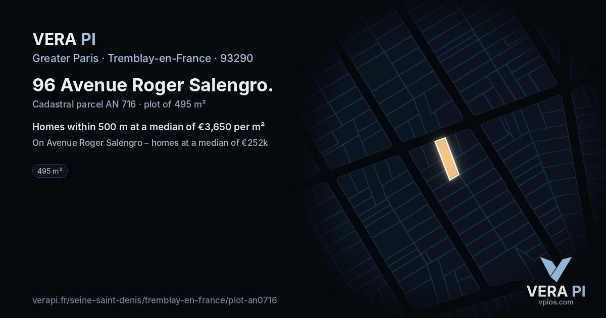 96 Avenue Roger Salengro, Tremblay-en-France at night – the plot lit, the parcels around coloured by the prices near them