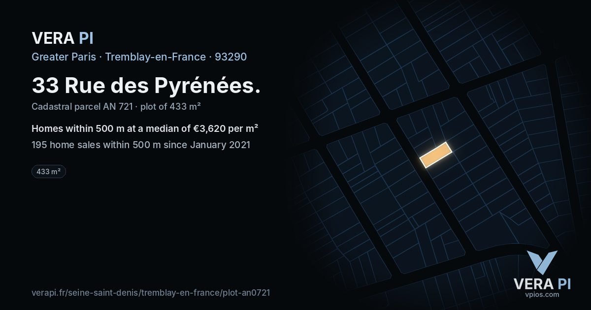 33 Rue des Pyrénées, Tremblay-en-France at night – the plot lit, the parcels around coloured by the prices near them