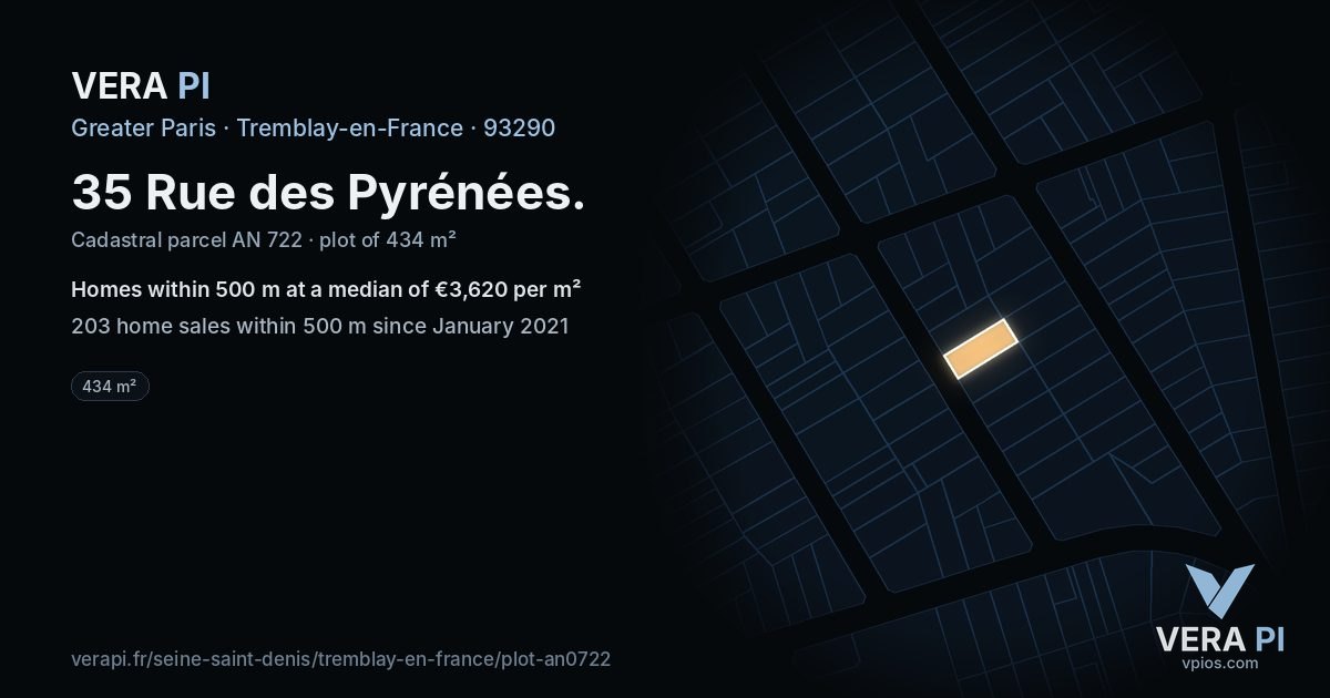 35 Rue des Pyrénées, Tremblay-en-France at night – the plot lit, the parcels around coloured by the prices near them