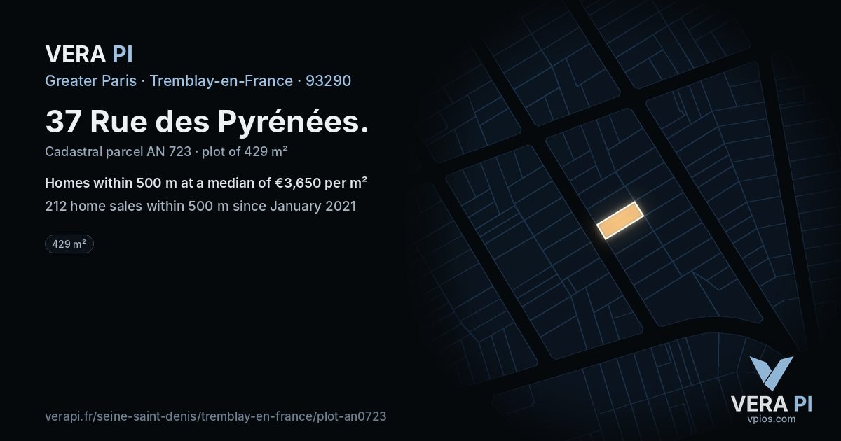 37 Rue des Pyrénées, Tremblay-en-France at night – the plot lit, the parcels around coloured by the prices near them