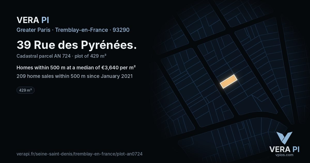 39 Rue des Pyrénées, Tremblay-en-France at night – the plot lit, the parcels around coloured by the prices near them