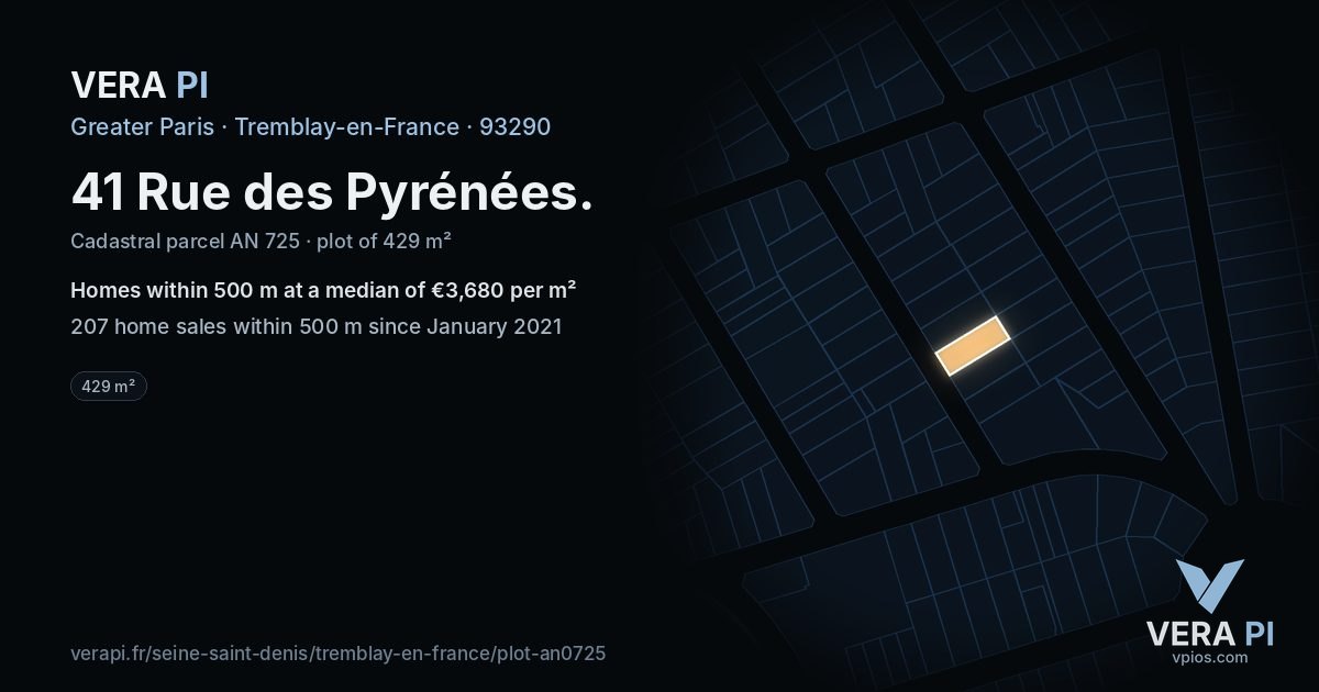 41 Rue des Pyrénées, Tremblay-en-France at night – the plot lit, the parcels around coloured by the prices near them