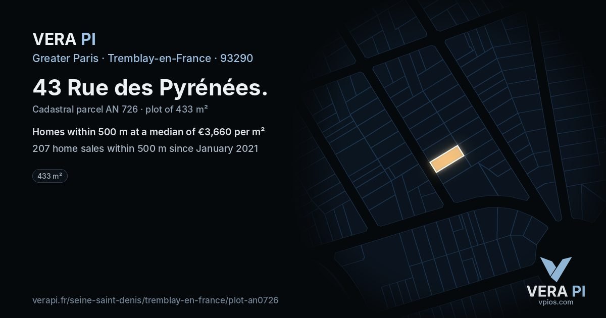 43 Rue des Pyrénées, Tremblay-en-France at night – the plot lit, the parcels around coloured by the prices near them