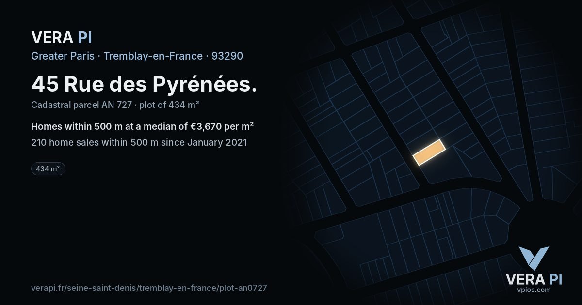 45 Rue des Pyrénées, Tremblay-en-France at night – the plot lit, the parcels around coloured by the prices near them