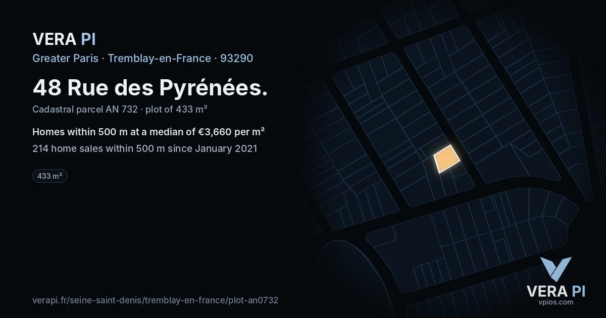 48 Rue des Pyrénées, Tremblay-en-France at night – the plot lit, the parcels around coloured by the prices near them