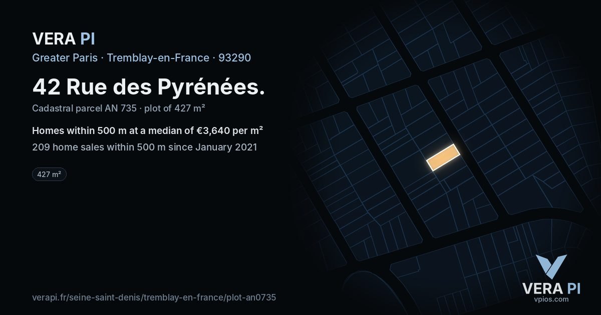 42 Rue des Pyrénées, Tremblay-en-France at night – the plot lit, the parcels around coloured by the prices near them