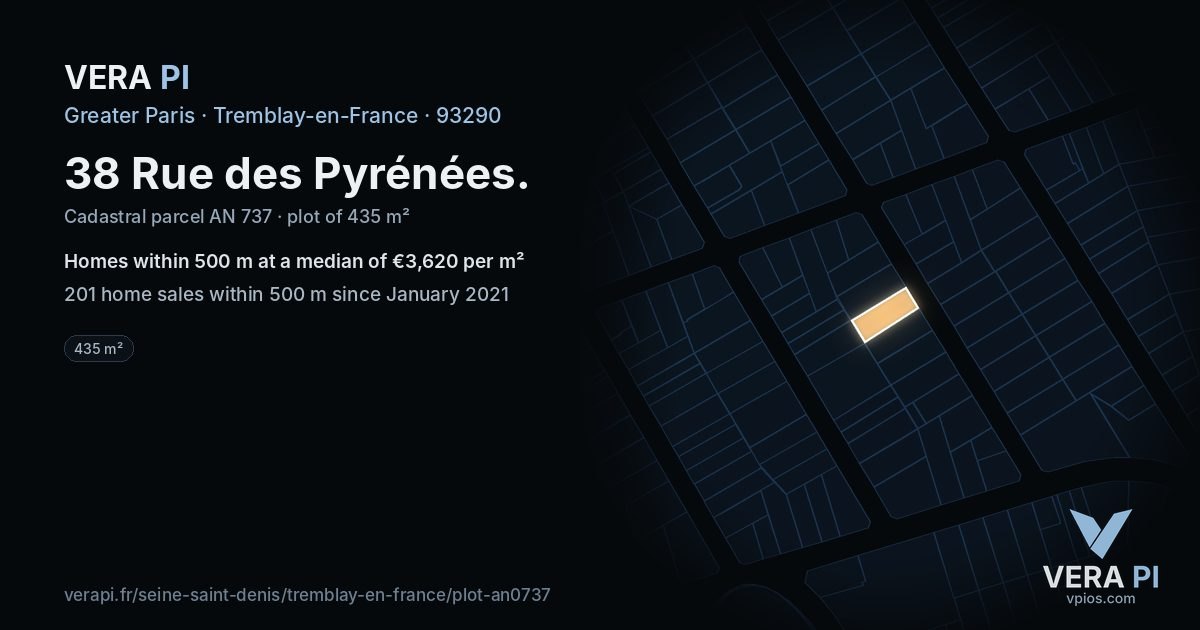 38 Rue des Pyrénées, Tremblay-en-France at night – the plot lit, the parcels around coloured by the prices near them