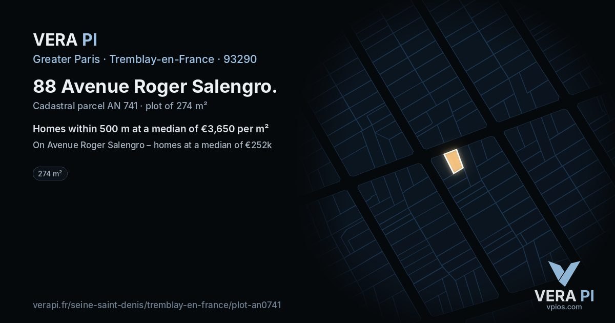88 Avenue Roger Salengro, Tremblay-en-France at night – the plot lit, the parcels around coloured by the prices near them