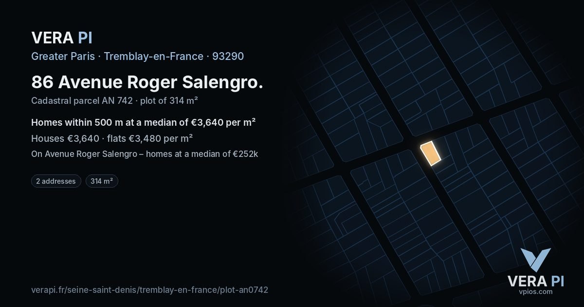 86 Avenue Roger Salengro, Tremblay-en-France at night – the plot lit, the parcels around coloured by the prices near them
