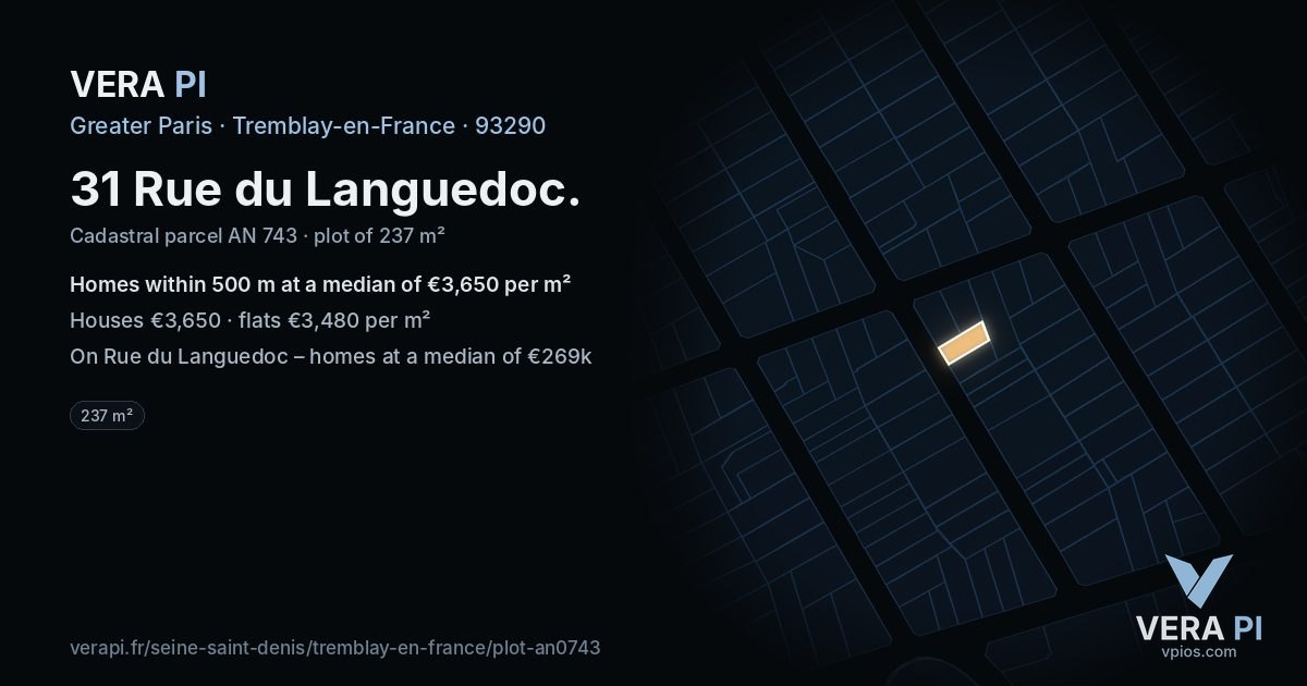 31 Rue du Languedoc, Tremblay-en-France at night – the plot lit, the parcels around coloured by the prices near them