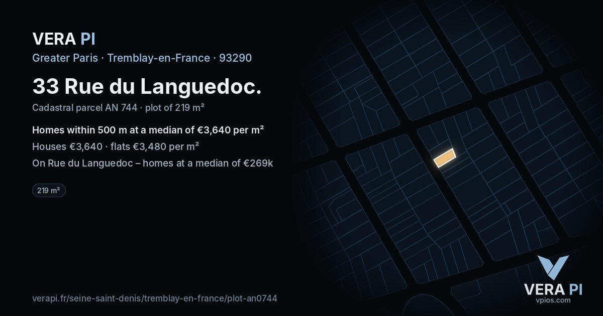 33 Rue du Languedoc, Tremblay-en-France at night – the plot lit, the parcels around coloured by the prices near them