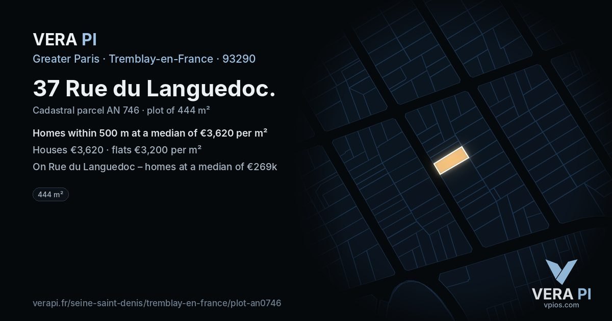 37 Rue du Languedoc, Tremblay-en-France at night – the plot lit, the parcels around coloured by the prices near them