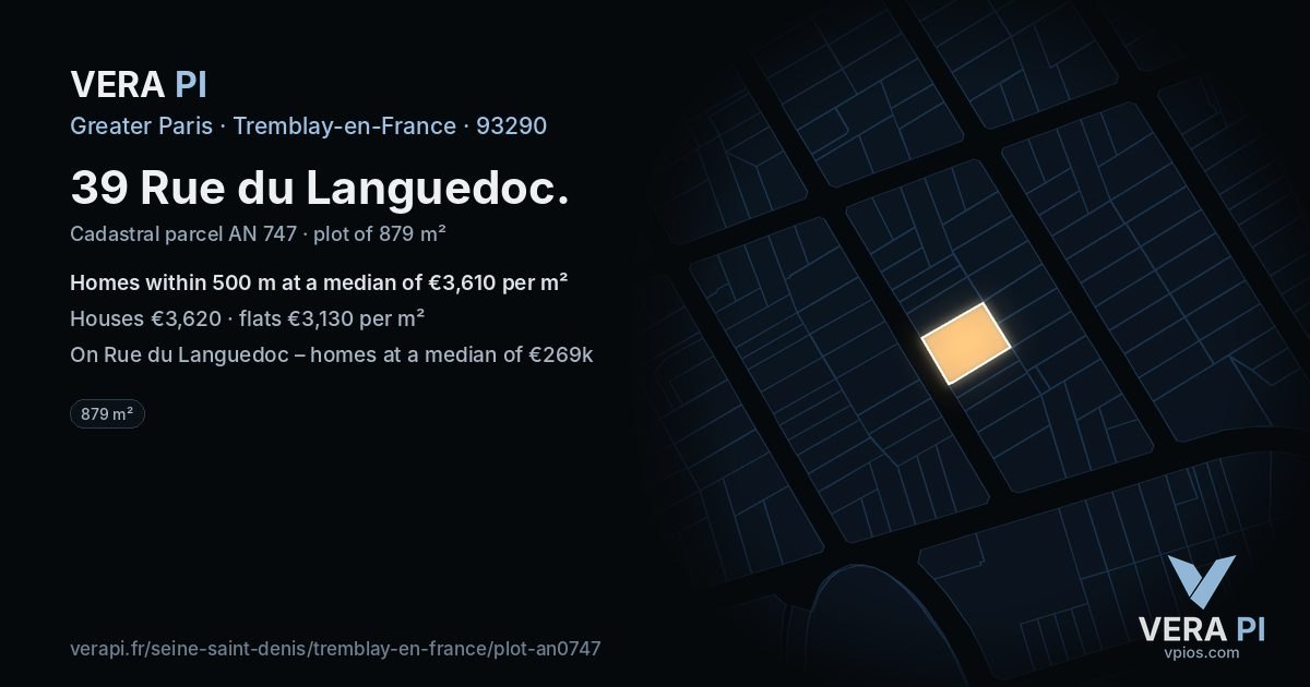 39 Rue du Languedoc, Tremblay-en-France at night – the plot lit, the parcels around coloured by the prices near them