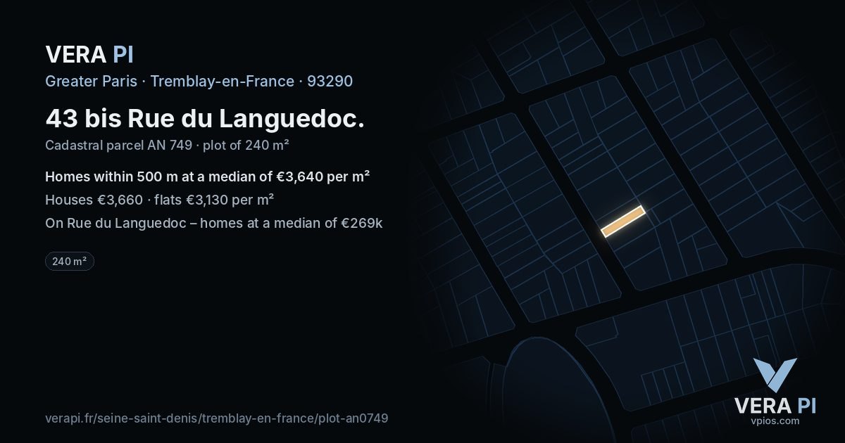 43 bis Rue du Languedoc, Tremblay-en-France at night – the plot lit, the parcels around coloured by the prices near them