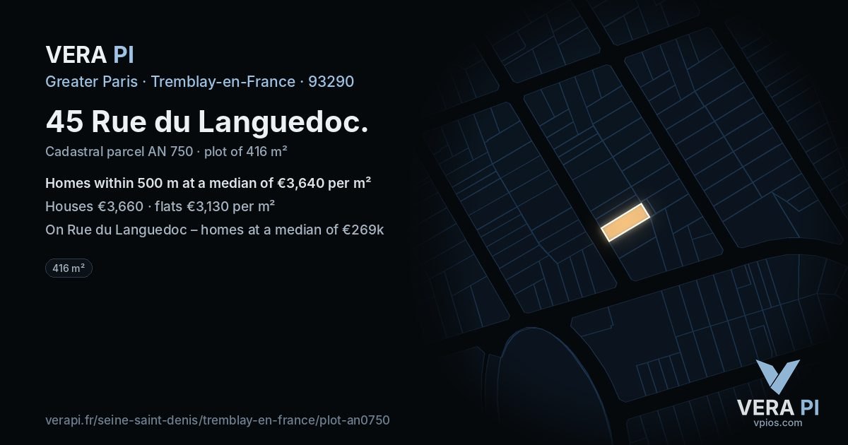 45 Rue du Languedoc, Tremblay-en-France at night – the plot lit, the parcels around coloured by the prices near them