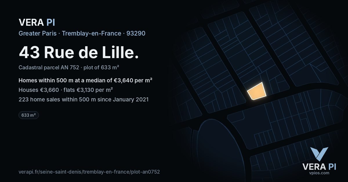 43 Rue de Lille, Tremblay-en-France at night – the plot lit, the parcels around coloured by the prices near them