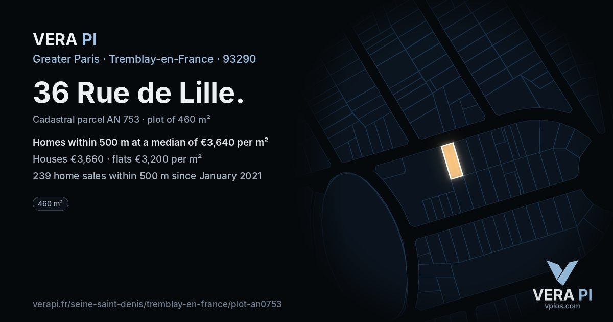 36 Rue de Lille, Tremblay-en-France at night – the plot lit, the parcels around coloured by the prices near them