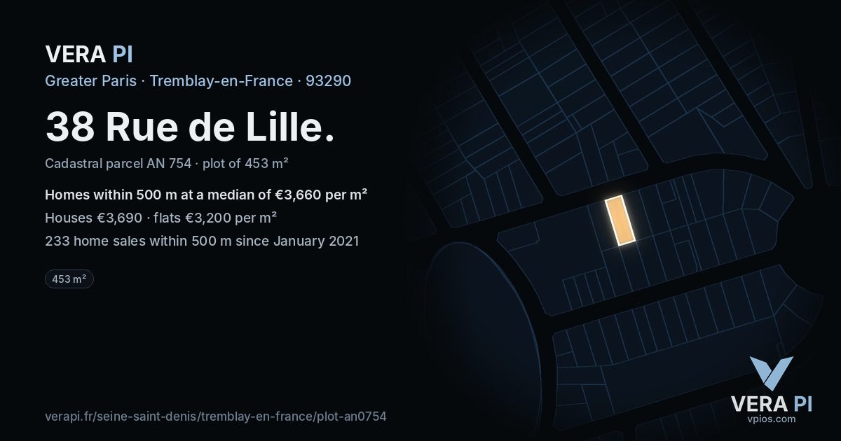 38 Rue de Lille, Tremblay-en-France at night – the plot lit, the parcels around coloured by the prices near them