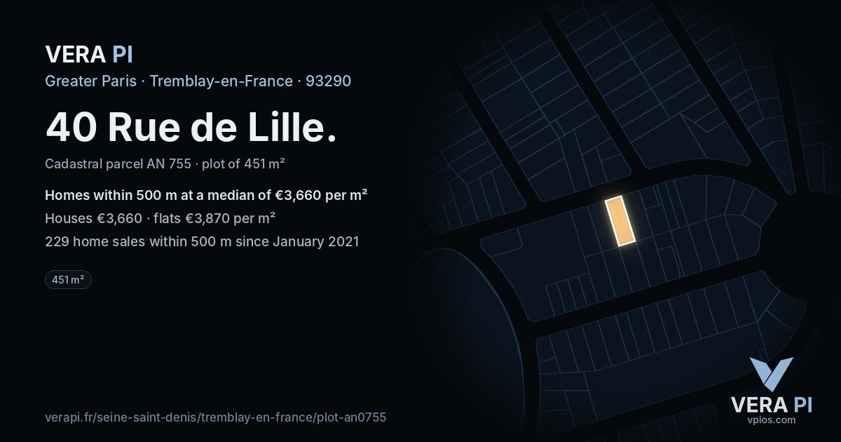 40 Rue de Lille, Tremblay-en-France at night – the plot lit, the parcels around coloured by the prices near them