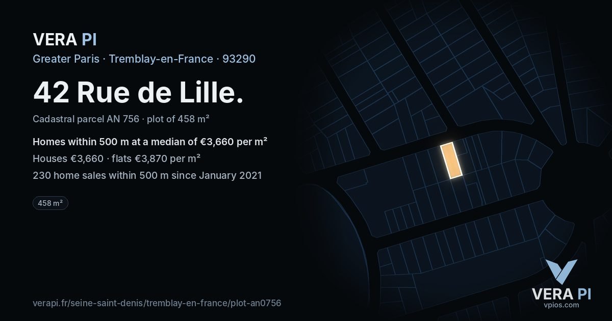 42 Rue de Lille, Tremblay-en-France at night – the plot lit, the parcels around coloured by the prices near them